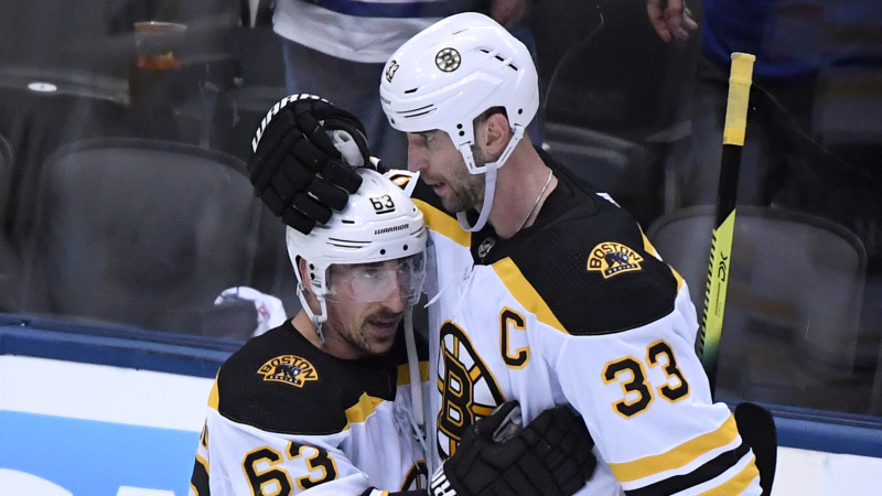 Boston Bruins defenseman Zdeno Chara (33) kisses the helmet of Boston  Bruins left wing Brad Marchand (63) after the Bruins beat the Carolina  Hurricanes 4-3 during extra time of an NHL hockey