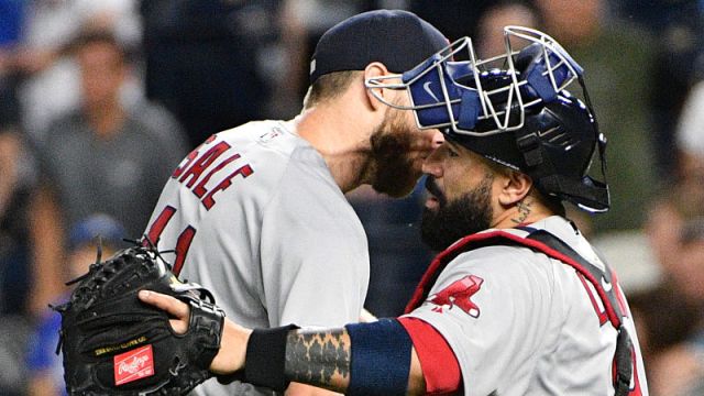 Boston Red Sox pitcher Chris Sale and catcher Sandy Leon