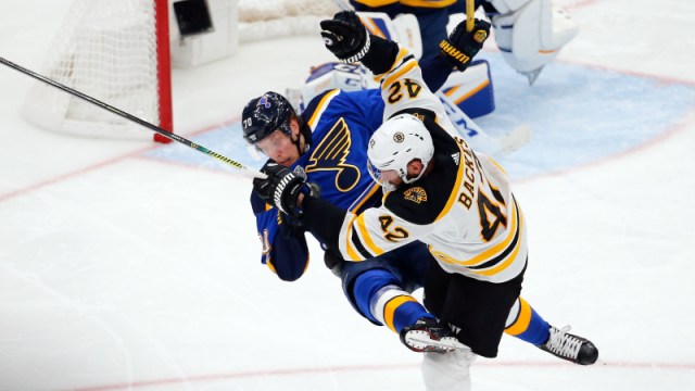 Boston Bruins' David Backes And St. Louis Blues' Oscar Sundqvist