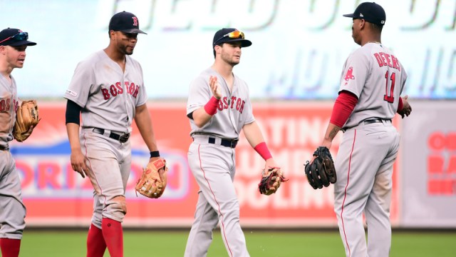 Boston Red Sox's Brock Holt, Xander Bogaerts, Andrew Benintendi And Rafael Devers