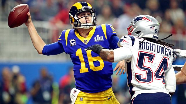 Los Angeles Rams quarterback Jared Goff and New England Patriots linebacker Dont'a Hightower