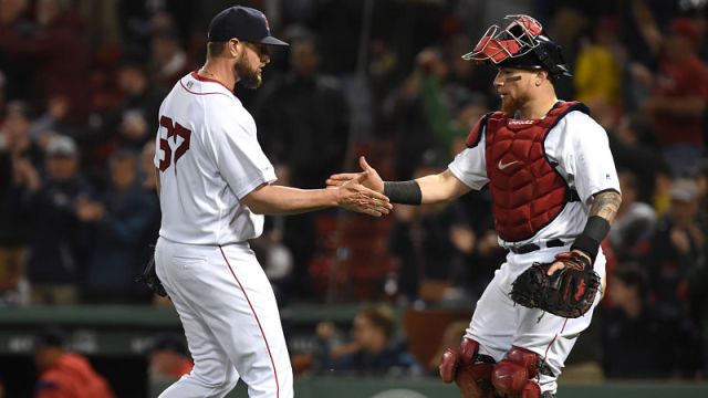 Boston Red Sox pitcher Josh Smith and catcher Christian Vazquez