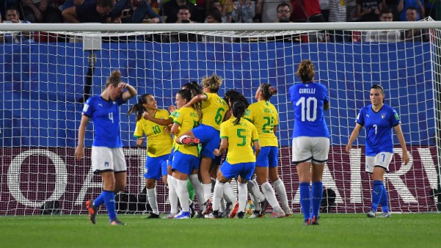 Brazil forward Marta (10) and teammates