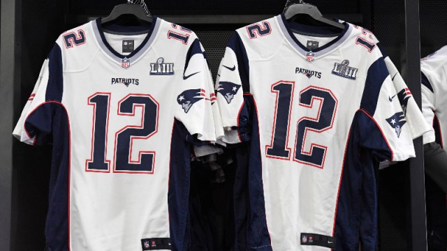 New England Patriots jerseys of quarterback Tom Brady