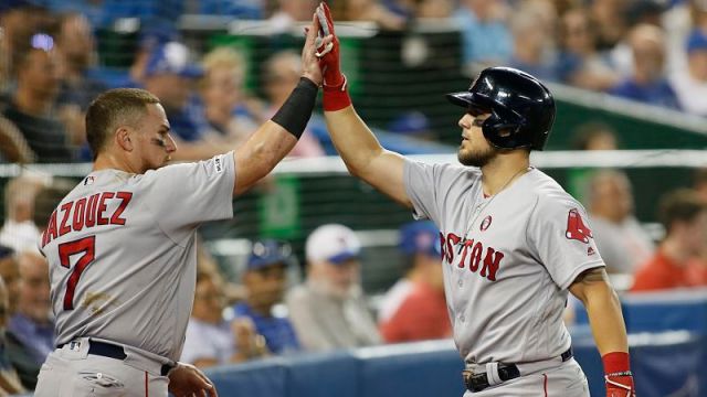 Boston Red Sox designated hitter Christian Vazquez and first baseman Michael Chavis