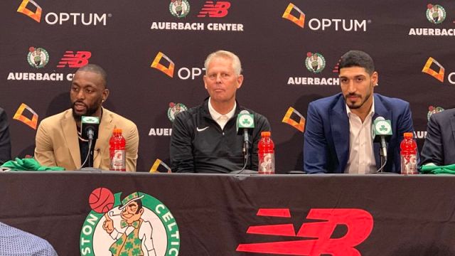 Boston Celtics guard Kemba Walker, president of basketball operations Danny Ainge and center Enes Kanter