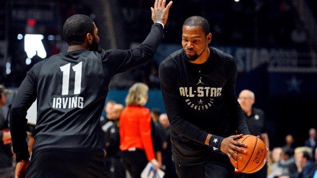 Brooklyn Nets guard Kyrie Irving (left) and forward Kevin Durant