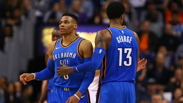 Oklahoma City Thunder guard Russell Westbrook and Los Angeles Clippers forward Paul George