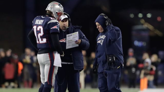 New England Patriots quarterback Tom Brady, offensive coordinator Josh McDaniels and head coach Bill Belichick