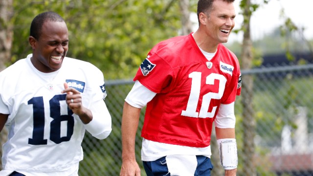 New England Patriots quarterback Tom Brady (right) and wide receiver Matthew Slater