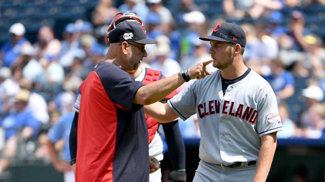 Cleveland Indians manager Terry Francona and starting pitcher Trevor Bauer