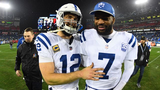 Andrew Luck and Indianapolis Colts quarterback Jacoby Brissett