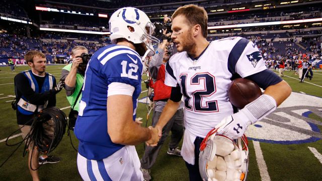 Andrew Luck and New England Patriots quarterback Tom Brady