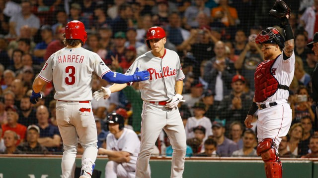 Philadelphia Phillies Right Fielder Bryce Harper And Center Fielder Adam Haseley And Boston Red Sox Catcher Christian Vazquez