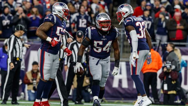 New England Patriots linebackers Elandon Roberts and Dont'a Hightower and safety Devin McCourty