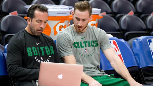 Boston Celtics forward Gordon Hayward and assistant coach Scott Morrison