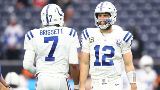 Indianapolis Colts quarterback Jacoby Brissett and Andrew Luck