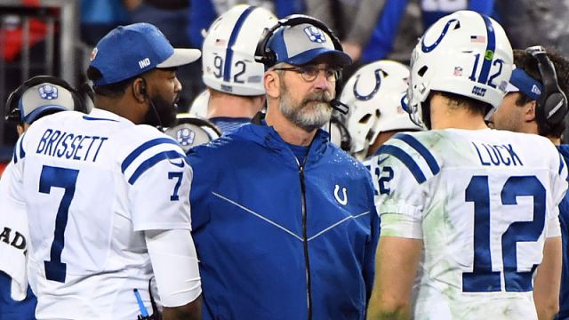 Indianapolis Colts quarterback Jacoby Brissett, head coach Frank Reich and Andrew Luck
