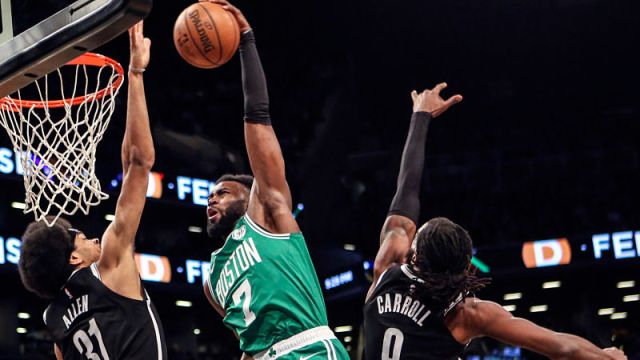 Boston Celtics forward Jaylen Brown and Brooklyn Nets center Jarrett Allen