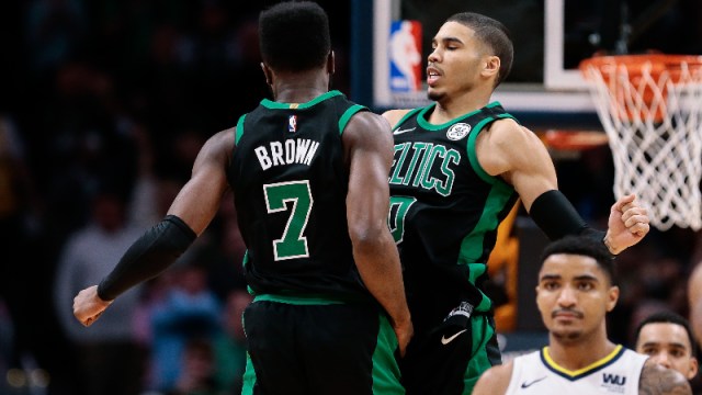 Boston Celtics guard Jaylen Brown and forward Jayson Tatum