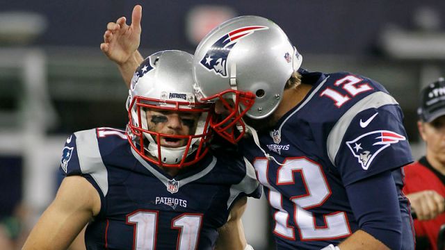 New England Patriots wide receiver Julian Edelman and quarterback Tom Brady