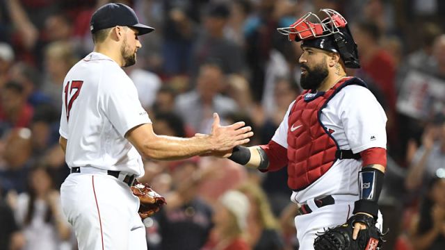 Boston Red Sox pitcher Nathan Eovaldi and catcher Sandy Leon