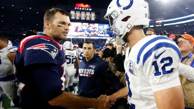 New England Patriots quarterback Tom Brady (left) and former Indianapolis Colts quarterback Andrew Luck