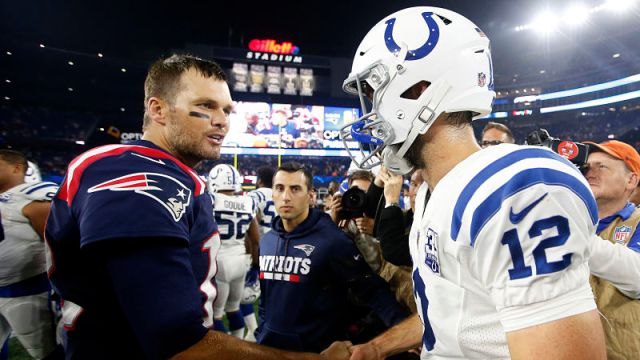 New England Patriots quarterback Tom Brady and Andrew Luck