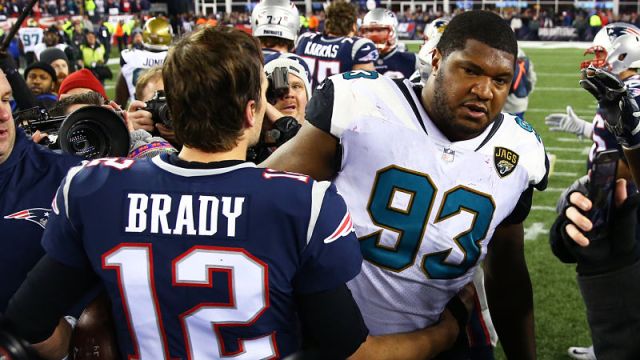 New England Patriots quarterback Tom Brady and Jacksonville Jaguars defensive lineman Calais Campbell