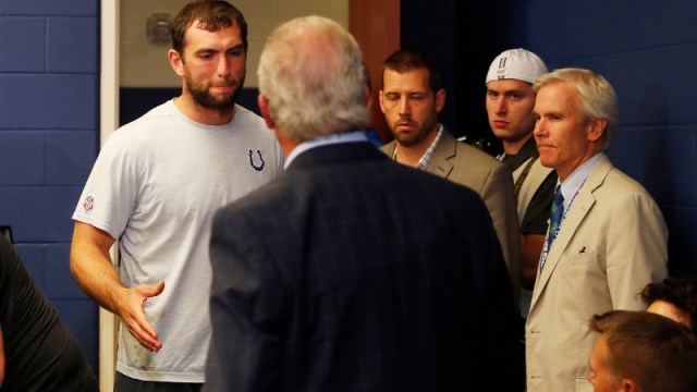 Former Indianapolis Colts quarterback Andrew Luck (left) and Colts owner Jim Irsay
