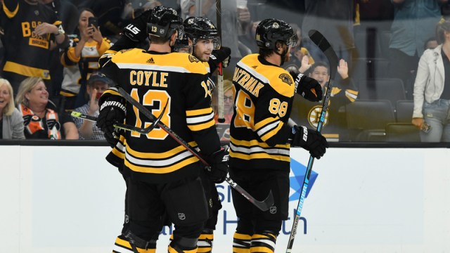 Boston Bruins' Charlie Coyle, Jake DeBrusk And David Pastrnak