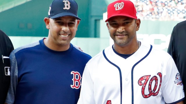 Boston Red Sox manager Alex Cora (left) and Washington Nationals manager Dave Martinez