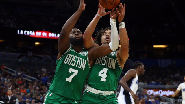 Boston Celtics guard Jaylen Brown (7) and guard Carsen Edwards (4)