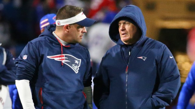 New England Patriots offensive coordinator Josh McDaniels (left) and head coach Bill Belichick (right)