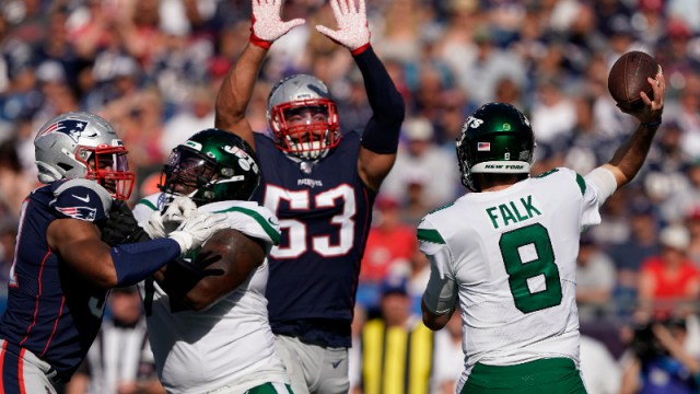New England Patriots middle linebacker Kyle Van Noy (53) and New York Jets quarterback Luke Falk (8)