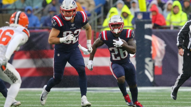 New England Patriots tight end Eric Tomlinson (82) and running back Sony Michel (26)