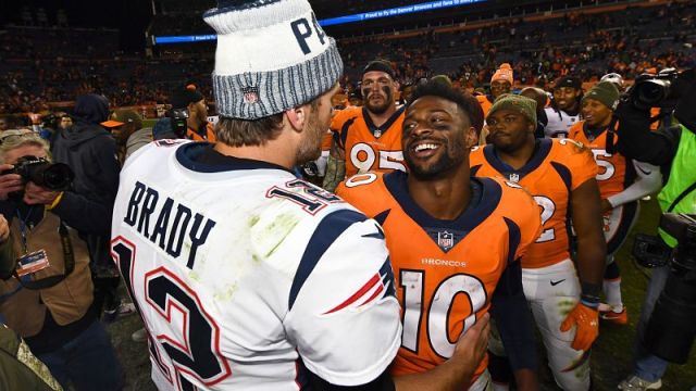 New England Patriots quarterback Tom Brady and Denver Broncos wide receiver Emmanuel Sanders