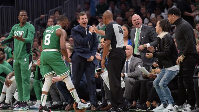 Boston Celtics head coach Brad Stevens and point guard Kemba Walker (8)