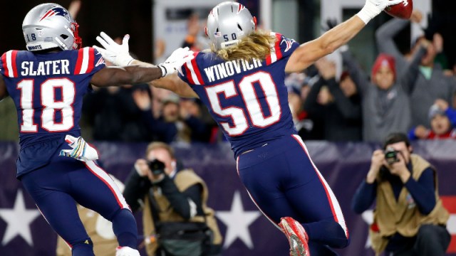 New England Patriots defensive end Chase Winovich (50) and wide receiver Matthew Slater (18)