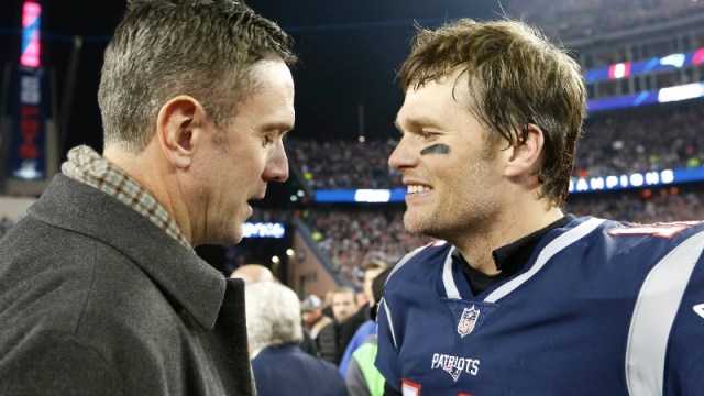 Former New England Patriots quarterback Drew Bledsoe, and Patriots quarterback Tom Brady