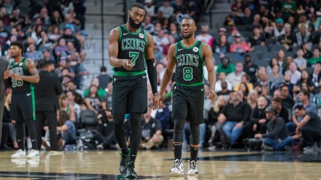 Boston Celtics guards Jaylen Brown (7) and Kemba Walker (8)