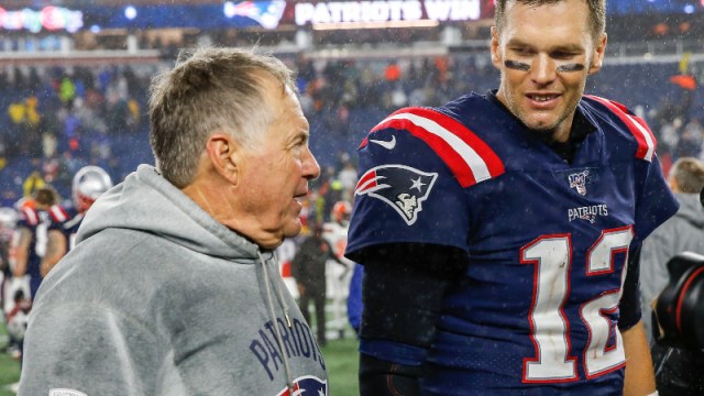 New England Patriots head coach Bill Belichick (left) and quarterback Tom Brady