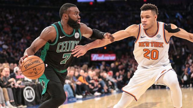 Boston Celtics guard Jaylen Brown and New York Knicks forward Kevin Knox II