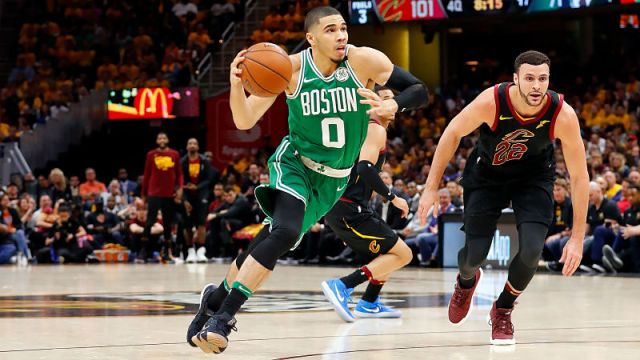 Boston Celtics forward Jayson Tatum and Cleveland Cavaliers forward Larry Nance Jr.