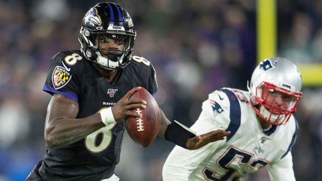 Baltimore Ravens quarterback Lamar Jackson and New England Patriots linebacker Kyle Van Noy