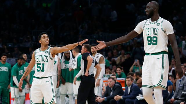 Boston Celtics players Tacko Fall and Tremont Waters