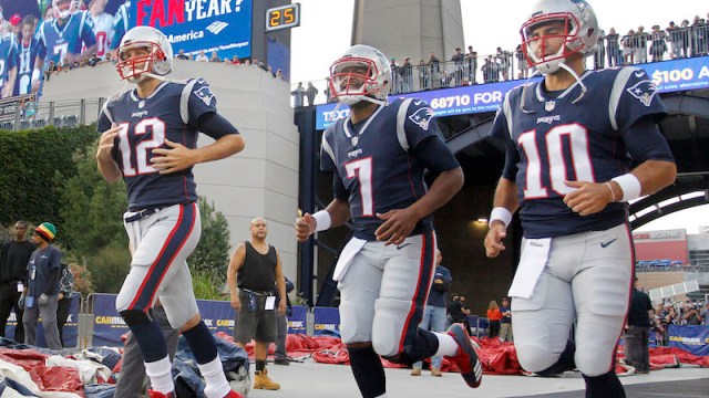 Patriots quarterbacks Tom Brady, Jacoby Brissett, Jimmy Garoppolo