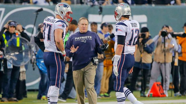 New England Patriots tight end Rob Gronkowski, head coach Bill Belichick and quarterback Tom Brady