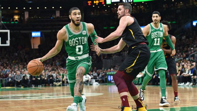 Boston Celtics forward Jayson Tatum and Cleveland Cavaliers forward Kevin Love