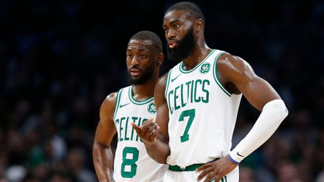 Boston Celtics guards Kemba Walker and Jaylen Brown